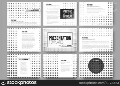 Set of 9 vector templates for presentation slides. Halftone background. Black dots on white. Set of 9 vector templates for presentation slides. Halftone vector background. Abstract halftone effect with black dots on white background.