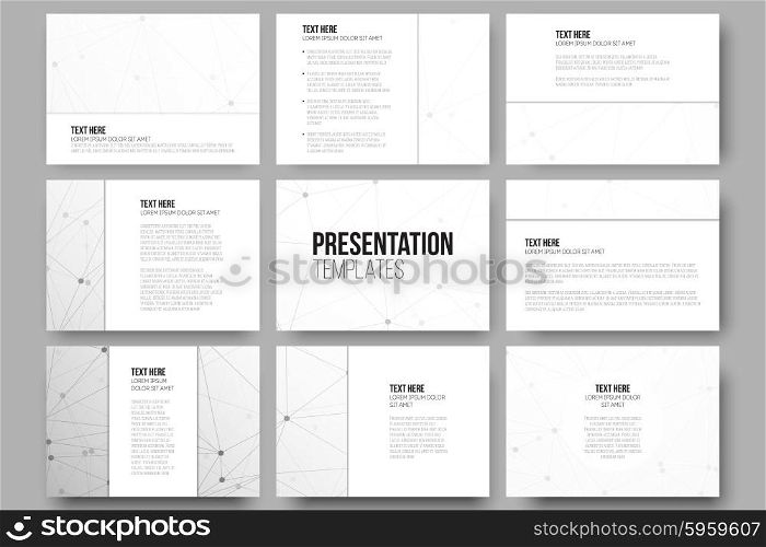 Set of 9 vector templates for presentation slides. Molecular structure design, scientific vector background.