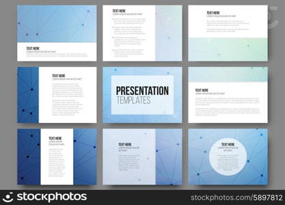 Set of 9 vector templates for presentation slides. Molecule structure blue background. Set of 9 vector templates for presentation slides. Blue vector background with molecule structure