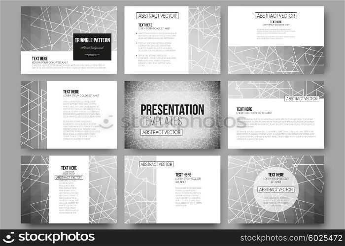 Set of 9 vector templates for presentation slides. Sacred geometry, triangle design gray background. Abstract vector illustration.