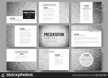 Set of 9 vector templates for presentation slides. Sacred geometry, triangle design gray background. Abstract vector illustration