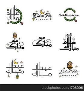 Set of 9 Vectors Eid Mubarak  Happy Eid for You  In Arabic Calligraphy Style Curly Script with Stars L&moon