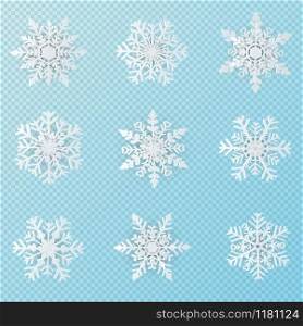 Set of 9 white Christmas snowflakes paper art on transparent background for winter holiday design element,vector illustration