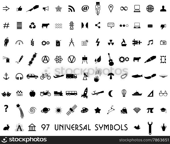 Set of 97 Black Icons: Web, Media, Education, Industries.