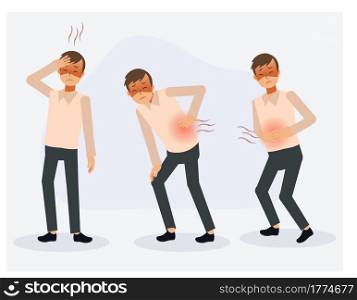 Set of a man is pain in different parts of the body,A man got sick. Backache, headache, stomach ache .Flat Vector cartoon character illustration