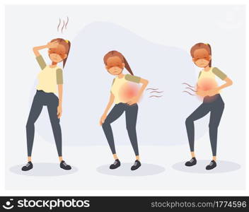 Set of a woman is pain in different parts of the body,A man got sick. Backache, headache, stomach ache .Flat Vector cartoon character illustration
