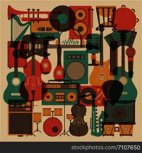 set of abstract all music instrument icon, retro style