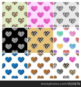 Set of abstract animal print in heart shape. Wild animals seamless pattern. background texture. Modern abstract design for paper, cover, fabric and interior decoration.