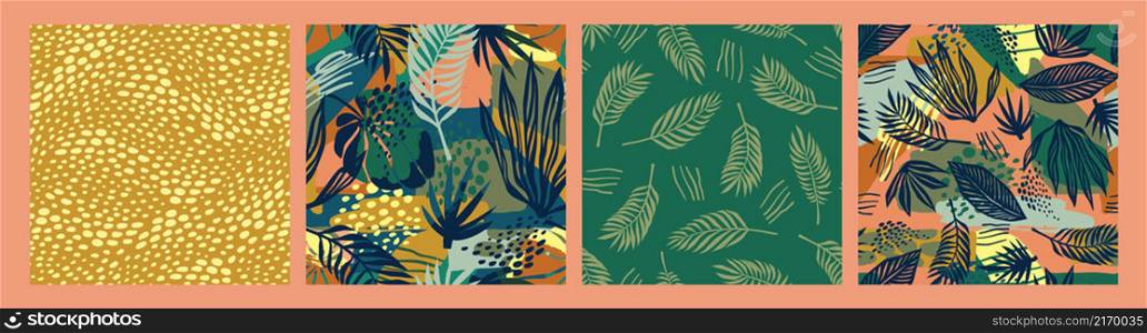 Set of abstract art seamless patterns with tropical leaves. Modern exotic design for paper, cover, fabric, interior decor and other users.. Set of abstract art seamless patterns with tropical leaves. Modern exotic design