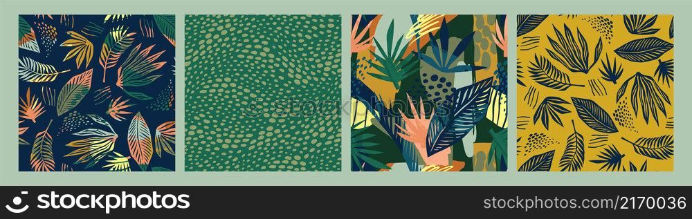 Set of abstract art seamless patterns with tropical leaves. Modern exotic design for paper, cover, fabric, interior decor and other users.. Set of abstract art seamless patterns with tropical leaves. Modern exotic design