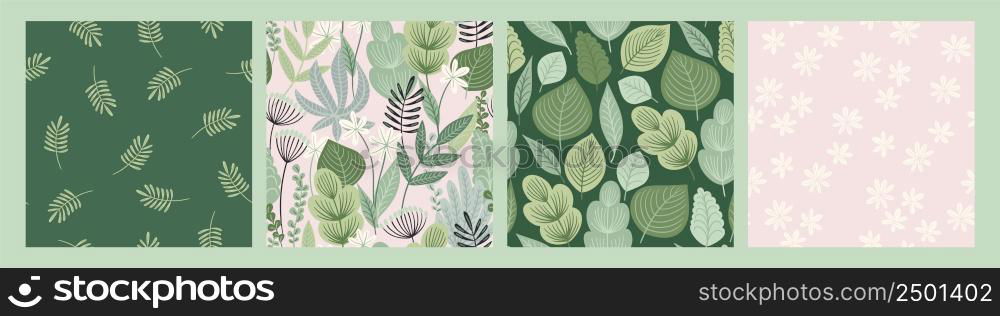 Set of abstract art seamless patterns with tropical leaves. Modern exotic design for paper, cover, fabric, interior decor and other users.. Set of abstract art seamless patterns with tropical leaves. Modern exotic design