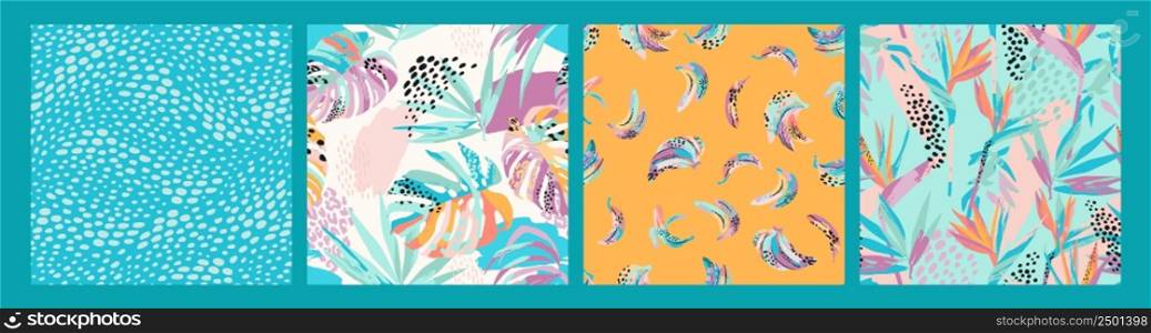 Set of abstract art seamless patterns with tropical leaves, flowers and bananas. Modern exotic design for paper, cover, fabric, interior decor and other users.. Set of abstract art seamless patterns with tropical leaves, flowers and bananas