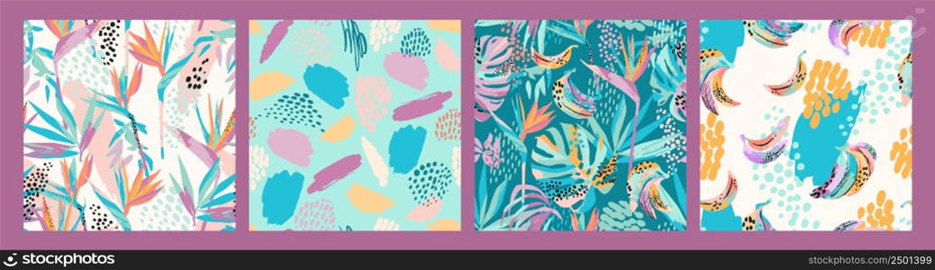 Set of abstract art seamless patterns with tropical leaves, flowers and bananas. Modern exotic design for paper, cover, fabric, interior decor and other users.. Set of abstract art seamless patterns with tropical leaves, flowers and bananas