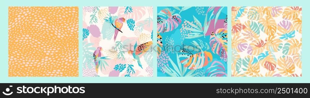 Set of abstract art seamless patterns with tropical leaves, flowers and parrots. Modern exotic design for paper, cover, fabric, interior decor and other users.. Set of abstract art seamless patterns with tropical leaves, flowers and parrots.