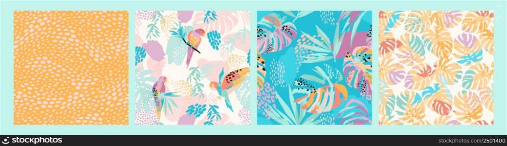 Set of abstract art seamless patterns with tropical leaves, flowers and parrots. Modern exotic design for paper, cover, fabric, interior decor and other users.. Set of abstract art seamless patterns with tropical leaves, flowers and parrots.