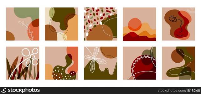 Set of abstract background hand drawn line art various organic shape, face, spots, leaves, spots. Vector illustration