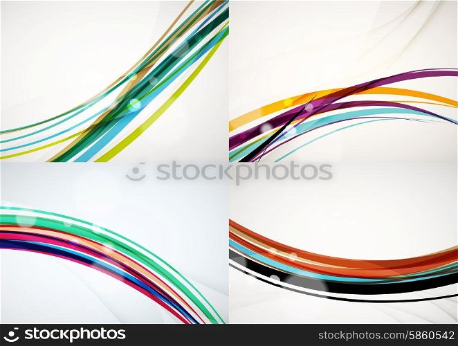 Set of abstract backgrounds. Curve wave lines with light and shadow effects, rainbow style stripes and flares