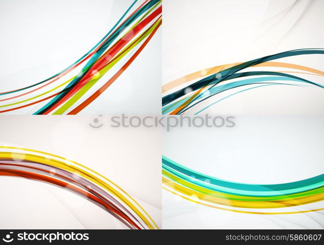 Set of abstract backgrounds. Curve wave lines with light and shadow effects, rainbow style stripes and flares