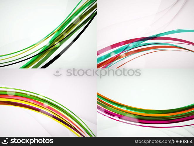 Set of abstract backgrounds. Curve wave lines with light and shadow effects, rainbow style stripes and flares