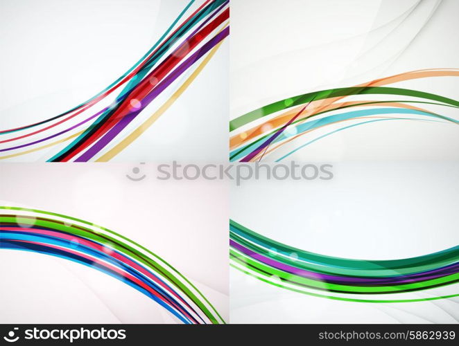 Set of abstract backgrounds. Curve wave lines with light and shadow effects, rainbow style stripes and flares