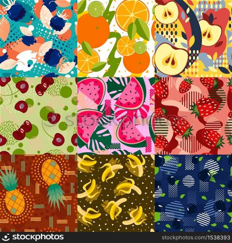 Set of abstract bright fruit seamless patterns. Background with fruits and geometric elements. Texture for wallpaper, wrapping paper.. Set of abstract bright fruit seamless patterns.