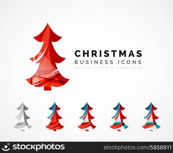 Set of abstract Christmas Tree Icons, business logo concepts, clean modern glossy design. Created with transparent abstract wave lines