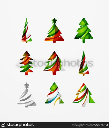 Set of abstract Christmas Tree Icons, business logo concepts, clean modern glossy design. Created with transparent abstract lines