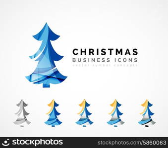 Set of abstract Christmas Tree Icons, business logo concepts, clean modern glossy design. Created with transparent abstract wave lines