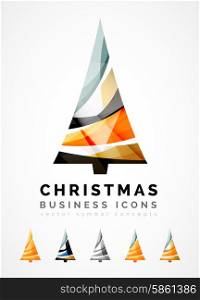 Set of abstract Christmas Tree Icons, business logo concepts, clean modern glossy design. Created with transparent abstract wave lines