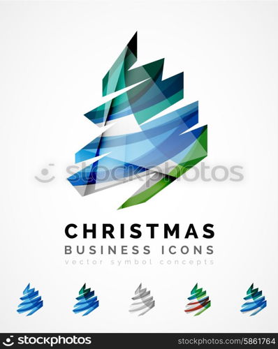 Set of abstract Christmas Tree Icons, business logo concepts, clean modern glossy design. Created with transparent abstract wave lines