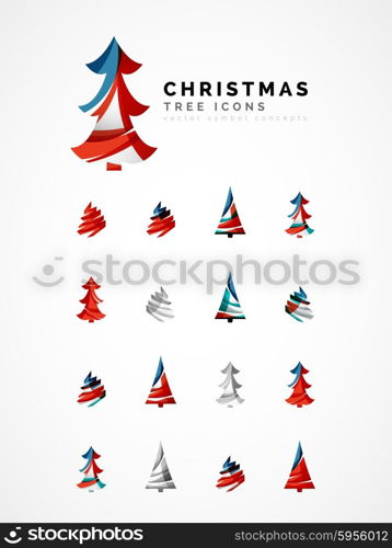 Set of abstract Christmas Tree Icons, business logo concepts, clean modern glossy design. Created with transparent abstract wave lines