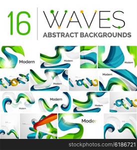 Set of abstract color waves, unusual various designs - transparent curves, smooth lines, smoke wave templates, blue red green colors. Universal modern background templates and banner layouts