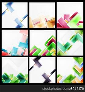 Set of abstract colorful backgrounds. Collection of vector web brochures, internet flyers, wallpaper or cover poster designs. Geometric style, colorful realistic glossy arrow shapes, blank templates with copyspace. Directional idea banners.