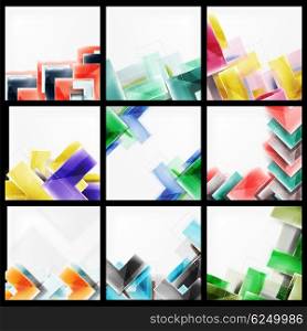 Set of abstract colorful backgrounds. Collection of vector web brochures, internet flyers, wallpaper or cover poster designs. Geometric style, colorful realistic glossy arrow shapes, blank templates with copyspace. Directional idea banners.