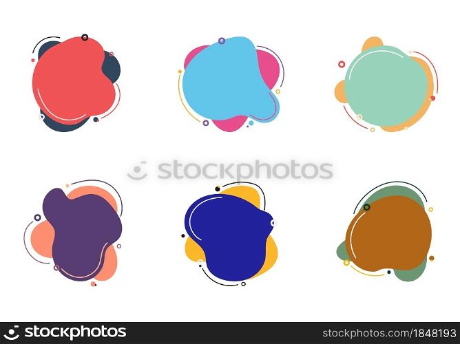 Set of abstract colorful fluid or liquid elements with circles and lines isolated on white background flat design. Vector illustration