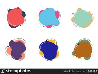 Set of abstract colorful fluid or liquid elements with circles and lines isolated on white background flat design. Vector illustration