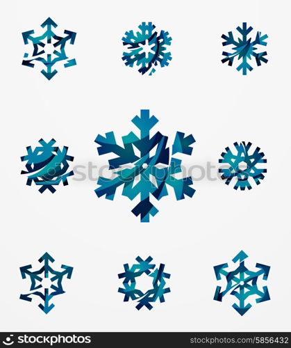 Set of abstract colorful snowflake logo icons, winter concepts, clean modern geometric design. Created with transparent abstract lines