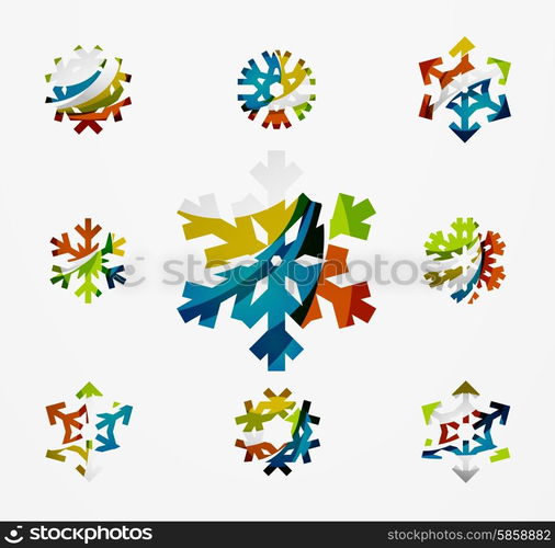 Set of abstract colorful snowflake logo icons, winter concepts, clean modern geometric design. Created with transparent abstract lines