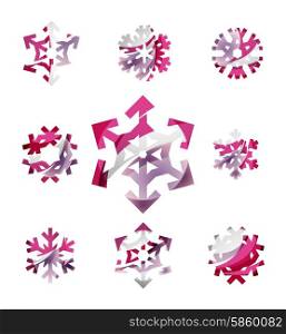 Set of abstract colorful snowflake logo icons, winter concepts, clean modern geometric design. Created with transparent abstract lines