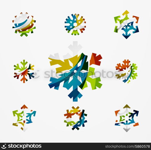 Set of abstract colorful snowflake logo icons, winter concepts, clean modern geometric design. Created with transparent abstract lines