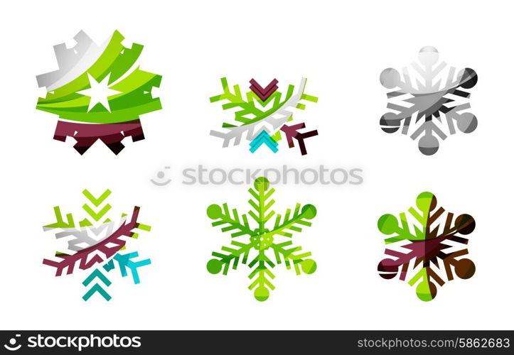 Set of abstract colorful snowflake logo icons, winter concepts, clean modern geometric design. Created with transparent abstract lines