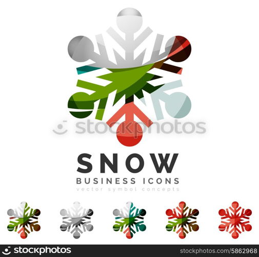 Set of abstract colorful snowflake logo icons, winter concepts, clean modern geometric design. Created with transparent abstract lines