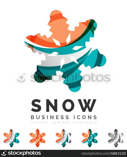 Set of abstract colorful snowflake logo icons, winter concepts, clean modern geometric design. Created with transparent abstract lines