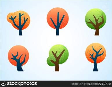 Set of abstract colorful trees with paint splatter texture
