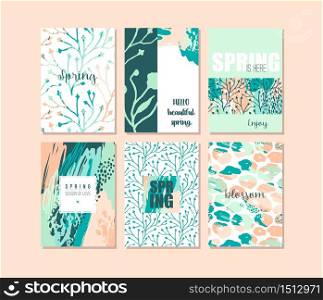 Set of abstract creative Spring cards. Fresh colors. Hand drawn art texture and floral elements. Modern and stylish abstract templates for poster, cover, invitation design.. Set of abstract creative Spring cards. Fresh colors.