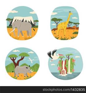 Set of abstract design with African animals elephant, rhino, giraffe, pelican. Vector illustration of animals in Natural parks. Set of abstract design with African animals