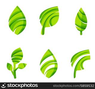 Set of abstract eco leaf icons, business logotype nature concepts, clean modern geometric design. Created with transparent abstract wave lines