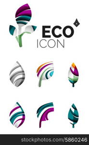 Set of abstract eco leaf icons, business logotype nature concepts, clean modern geometric design. Created with transparent abstract wave lines