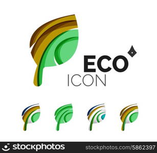 Set of abstract eco leaf icons, business logotype nature concepts, clean modern geometric design. Created with transparent abstract wave lines