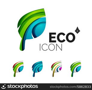 Set of abstract eco leaf icons, business logotype nature concepts, clean modern geometric design. Created with transparent abstract wave lines